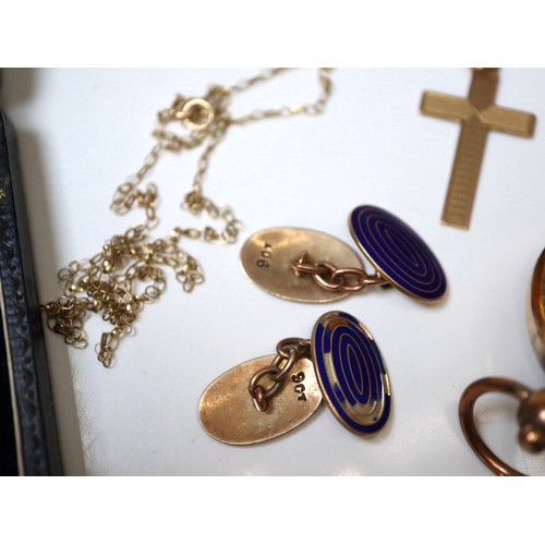 205 - Group of jewellery including 9ct yellow gold and blue enamel cufflinks, 9ct gold chain and cross, 15... 