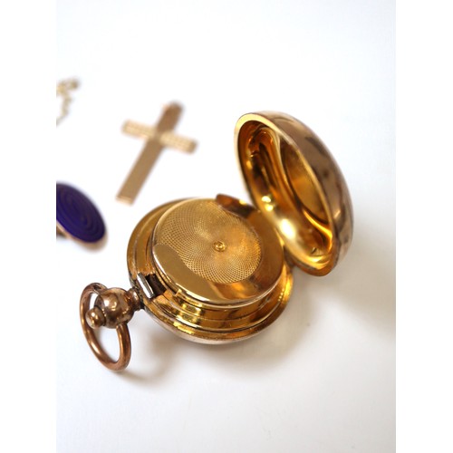 205 - Group of jewellery including 9ct yellow gold and blue enamel cufflinks, 9ct gold chain and cross, 15... 