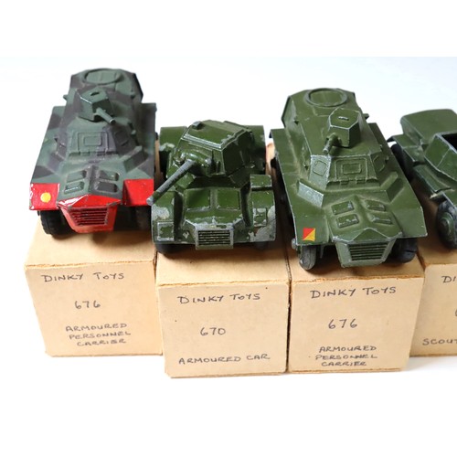 215 - Dinky Toys 676 Armoured Personnel Carrier (2), 673 Scout Car (2), 670 Armoured Car