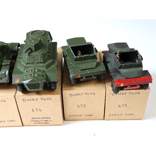 215 - Dinky Toys 676 Armoured Personnel Carrier (2), 673 Scout Car (2), 670 Armoured Car