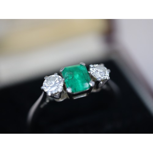 129 - Diamond and Emerald Platinum Trilogy Ring - 3.6g Ring Size Between P-Q