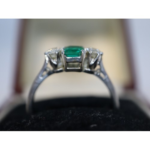 129 - Diamond and Emerald Platinum Trilogy Ring - 3.6g Ring Size Between P-Q