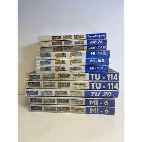 315 - A collection of model plane assembly kits including Turbolet L410, AN-24, JAK 24P, Three MI-10K Two ... 