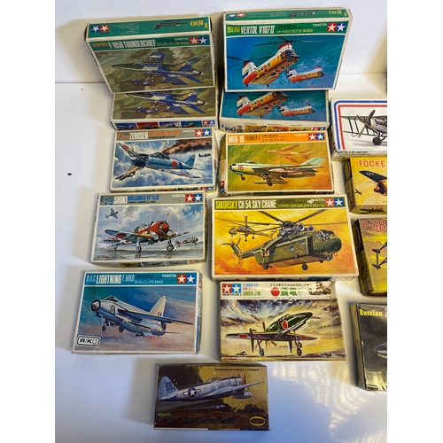 316 - A collection of Tamiya and Aurora Model plane kits including Tamiya, Zerosen (Hamp), Shinden, B.A.C ... 