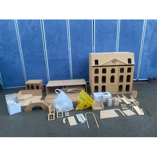 Very Large Dolls house 'Hambleton Hall' with basement, side buildings, steps and miscellaneous parts.