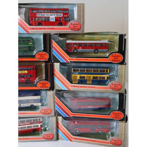 89 - A group of boxed EFE 1:76 scale die-cast bus / coach models including Leyland National London United... 