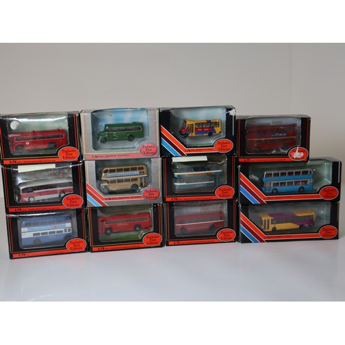 91 - A group of boxed EFE 1:76 scale die-cast bus / coach models including Leeds Horsfield Tramcar Whitbr... 