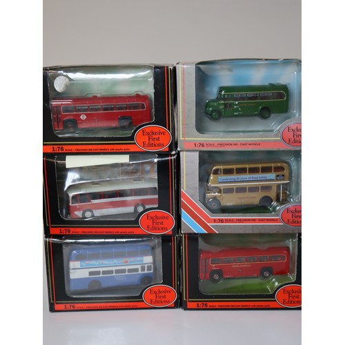 91 - A group of boxed EFE 1:76 scale die-cast bus / coach models including Leeds Horsfield Tramcar Whitbr... 