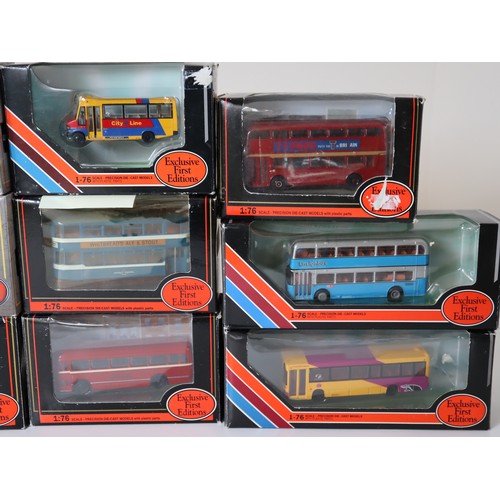 91 - A group of boxed EFE 1:76 scale die-cast bus / coach models including Leeds Horsfield Tramcar Whitbr... 