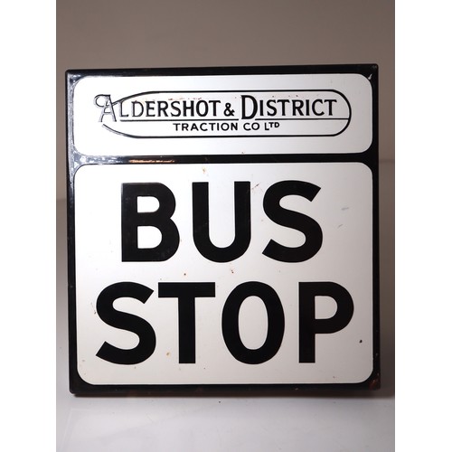 217 - Vintage Enamel Aldershot & District Bus Stop sign by Traction Co Ltd 30cm x 32cm - Double sided