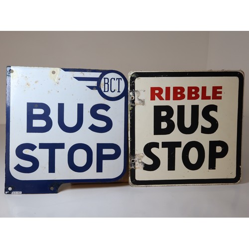 218 - Vintage Cast Aluminium Ribble Bus Stop Sign 30cm x 30cm + Enamel BCT Bus Stop Sign 30cm x 32cm - Dou... 