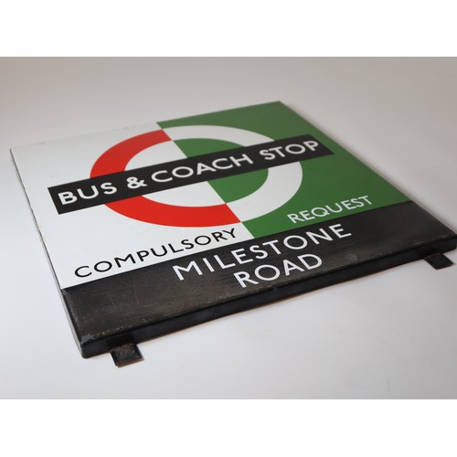 220 - Vintage Enamel Bus & Coach Stop Compulsory Request Milestone Road - Roundel - 46cm x 46cm