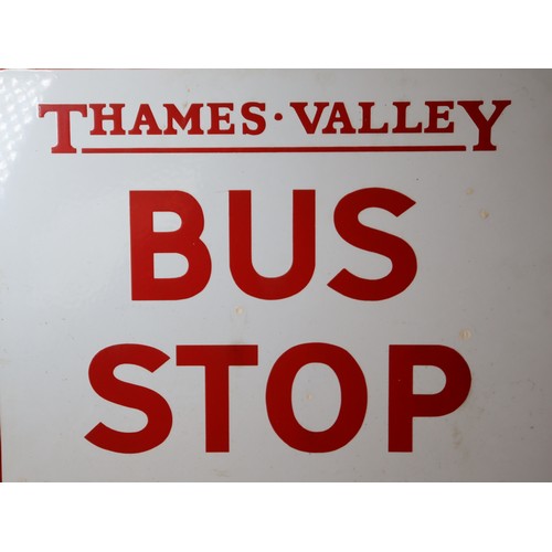 221 - Vintage Enamel Thames Valley Bus Stop Sign Queue This Side - Double Sided - 39cm x 40cm