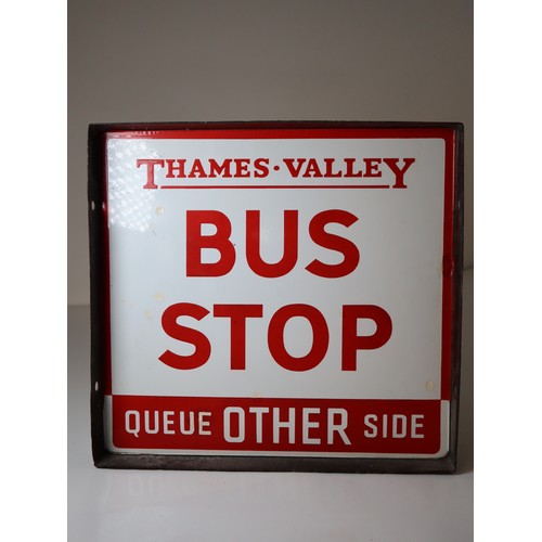 221 - Vintage Enamel Thames Valley Bus Stop Sign Queue This Side - Double Sided - 39cm x 40cm