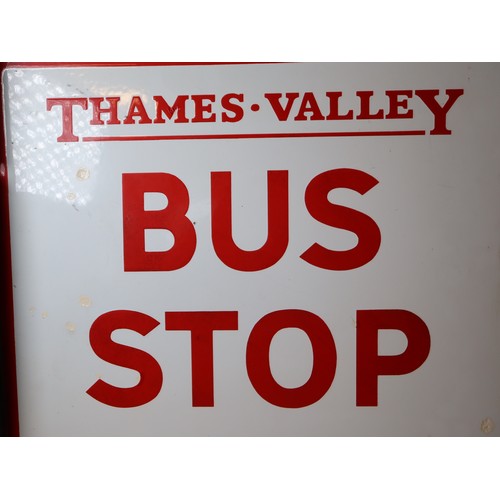 221 - Vintage Enamel Thames Valley Bus Stop Sign Queue This Side - Double Sided - 39cm x 40cm