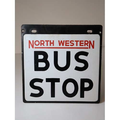 Vintage Enamel North Western Bus Stop Sign Double Sided - 31cm x 31cm