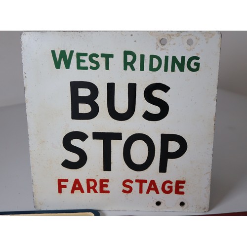 228 - Vintage Cast Aluminium Bus Stop Sign, Aluminium PMT Bus Stop & West Riding Bus Stop Fare Stop Sign -... 