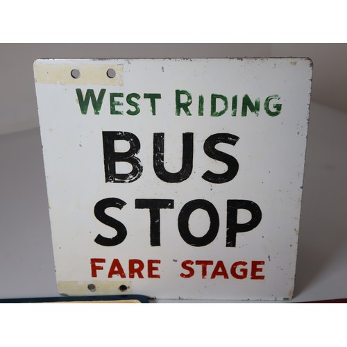 228 - Vintage Cast Aluminium Bus Stop Sign, Aluminium PMT Bus Stop & West Riding Bus Stop Fare Stop Sign -... 