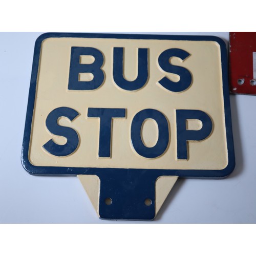 228 - Vintage Cast Aluminium Bus Stop Sign, Aluminium PMT Bus Stop & West Riding Bus Stop Fare Stop Sign -... 