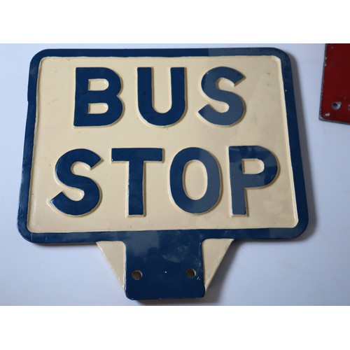 228 - Vintage Cast Aluminium Bus Stop Sign, Aluminium PMT Bus Stop & West Riding Bus Stop Fare Stop Sign -... 