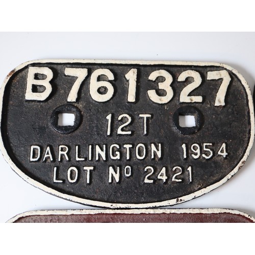 230 - Five cast iron railway wagon plaques - B282704 24 1/2T Ashford 1959, B335325 24 1/2T Shildon 1960, B... 