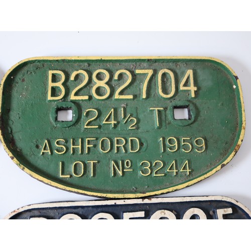 230 - Five cast iron railway wagon plaques - B282704 24 1/2T Ashford 1959, B335325 24 1/2T Shildon 1960, B... 