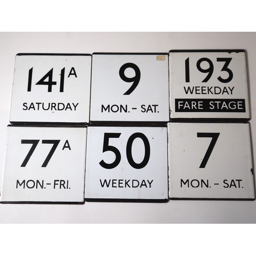 231 - Vintage group of enamel bus 'E' Plates 141A Saturday, 9 Mon-Sat, 193 Weekday Fare Stage, 77A Mon-Fri... 