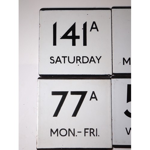 231 - Vintage group of enamel bus 'E' Plates 141A Saturday, 9 Mon-Sat, 193 Weekday Fare Stage, 77A Mon-Fri... 