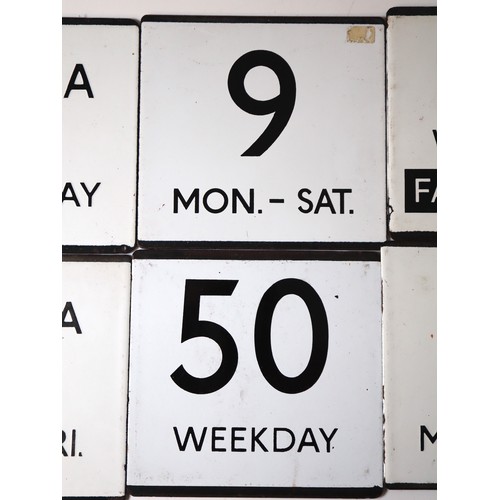 231 - Vintage group of enamel bus 'E' Plates 141A Saturday, 9 Mon-Sat, 193 Weekday Fare Stage, 77A Mon-Fri... 