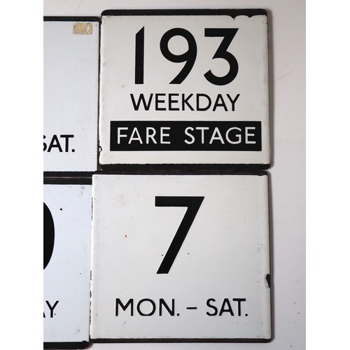 231 - Vintage group of enamel bus 'E' Plates 141A Saturday, 9 Mon-Sat, 193 Weekday Fare Stage, 77A Mon-Fri... 