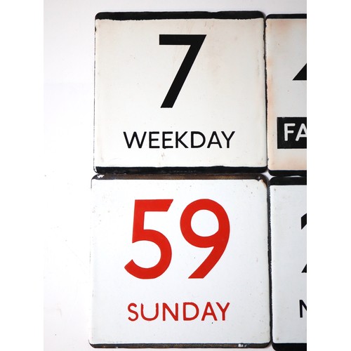 232 - A group of 6 vintage enamel bus 'E' Plates - 7 Weekday, 491 Fare Stage, 155 Sunday, 59 Sunday, 241 M... 