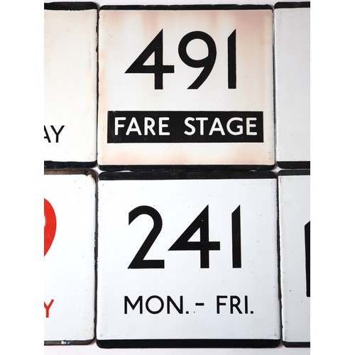 232 - A group of 6 vintage enamel bus 'E' Plates - 7 Weekday, 491 Fare Stage, 155 Sunday, 59 Sunday, 241 M... 