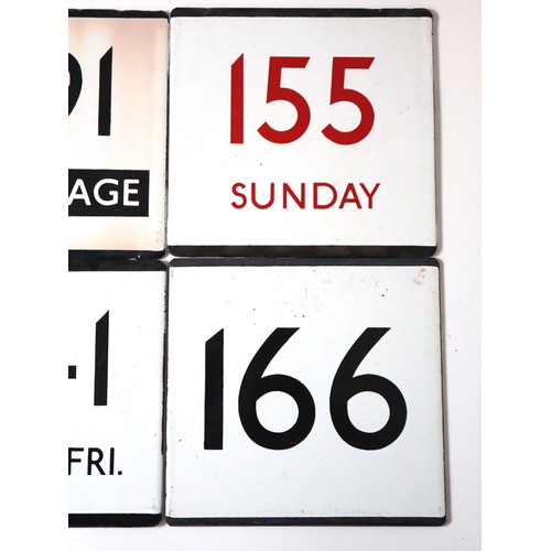 232 - A group of 6 vintage enamel bus 'E' Plates - 7 Weekday, 491 Fare Stage, 155 Sunday, 59 Sunday, 241 M... 