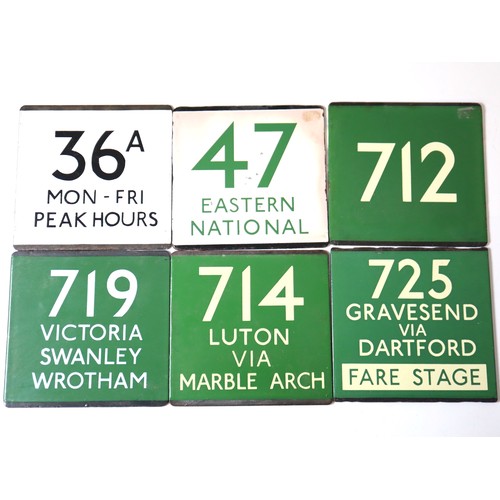 234 - A group of 6 vintage enamel bus 'E' Plates including Green Line coach routes - 36A Mon-Fri Peak Hour... 