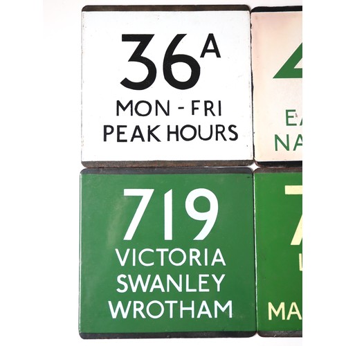 234 - A group of 6 vintage enamel bus 'E' Plates including Green Line coach routes - 36A Mon-Fri Peak Hour... 