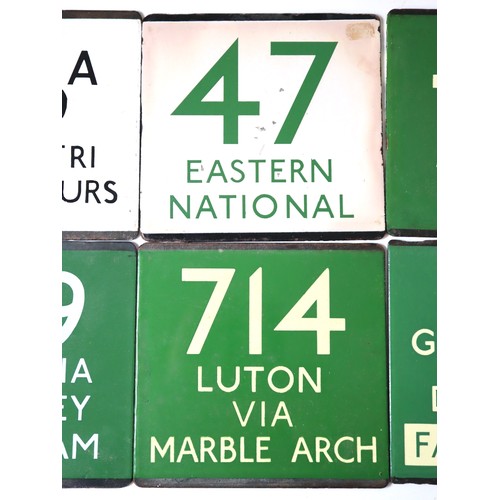 234 - A group of 6 vintage enamel bus 'E' Plates including Green Line coach routes - 36A Mon-Fri Peak Hour... 