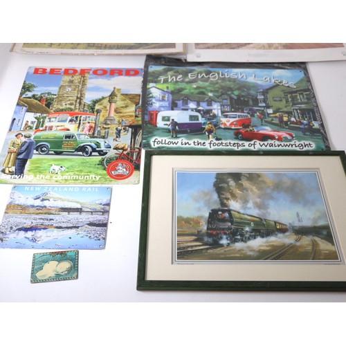 239 - Reproduction locomotive / travel tin signs + three locomotive prints