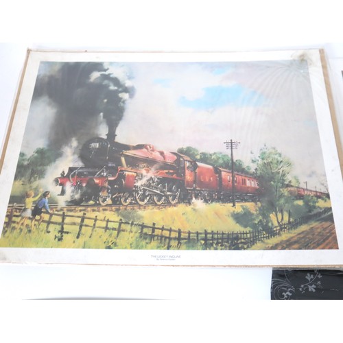 239 - Reproduction locomotive / travel tin signs + three locomotive prints