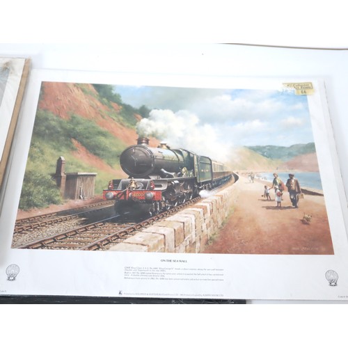 239 - Reproduction locomotive / travel tin signs + three locomotive prints