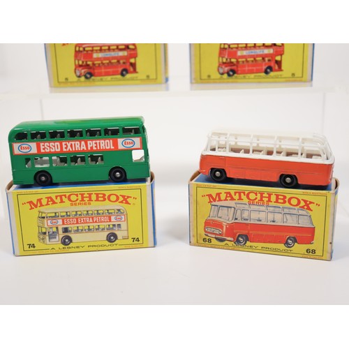 380 - Matchbox 5 London Bus (2) E4 Series Box, 74b Daimler Bus E4 Series Box & 68 Mercedes Coach E3 Series... 