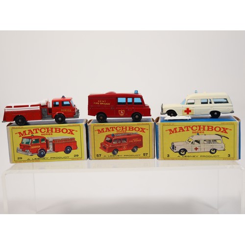 383 - Matchbox 29 Fire Pumper Truck E4 Series Box, 57 Land Rover Fire Truck E4 Series Box + 3 Mercedes-Ben... 