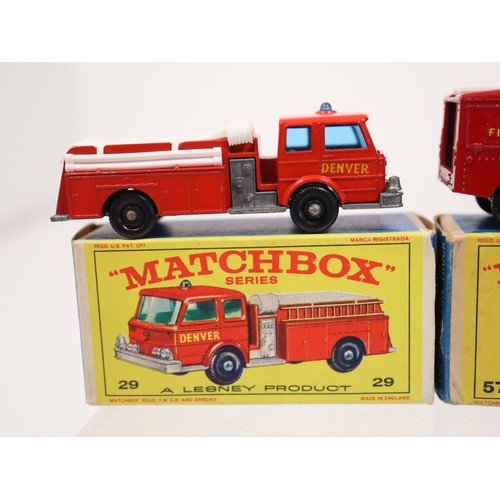 383 - Matchbox 29 Fire Pumper Truck E4 Series Box, 57 Land Rover Fire Truck E4 Series Box + 3 Mercedes-Ben... 