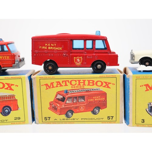 383 - Matchbox 29 Fire Pumper Truck E4 Series Box, 57 Land Rover Fire Truck E4 Series Box + 3 Mercedes-Ben... 