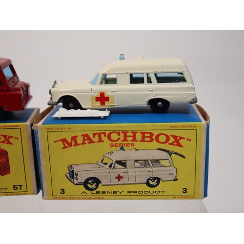 383 - Matchbox 29 Fire Pumper Truck E4 Series Box, 57 Land Rover Fire Truck E4 Series Box + 3 Mercedes-Ben... 