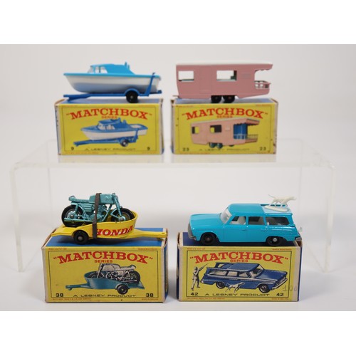 384 - Matchbox 38 Honda Motorcycle & Trailer, 23 Trailer Caravan, 9 Cabin Cruiser & Trailer in E4 Series B... 