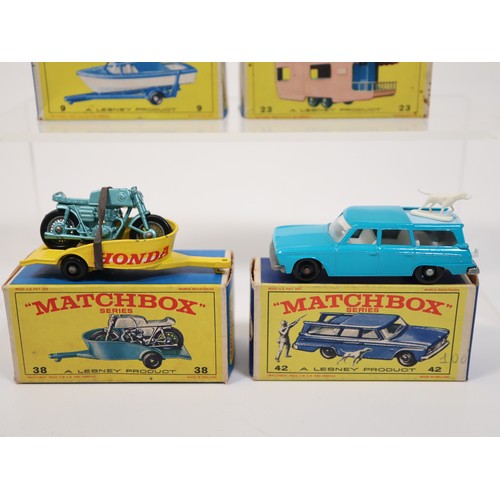 384 - Matchbox 38 Honda Motorcycle & Trailer, 23 Trailer Caravan, 9 Cabin Cruiser & Trailer in E4 Series B... 