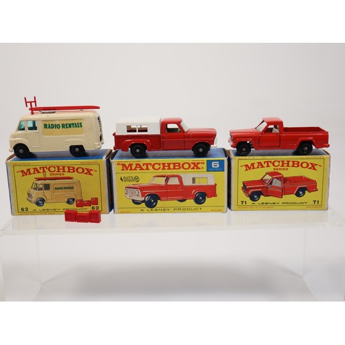 385 - Matchbox New 6 Ford Pick-up, 62 TV Service Van, 71 Jeep Pick-up - E4 Series Boxes