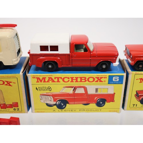 385 - Matchbox New 6 Ford Pick-up, 62 TV Service Van, 71 Jeep Pick-up - E4 Series Boxes