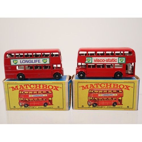 386 - Matchbox 5 London Bus E4 Series Boxes BP Long-Life &  Visco-Static Label variants