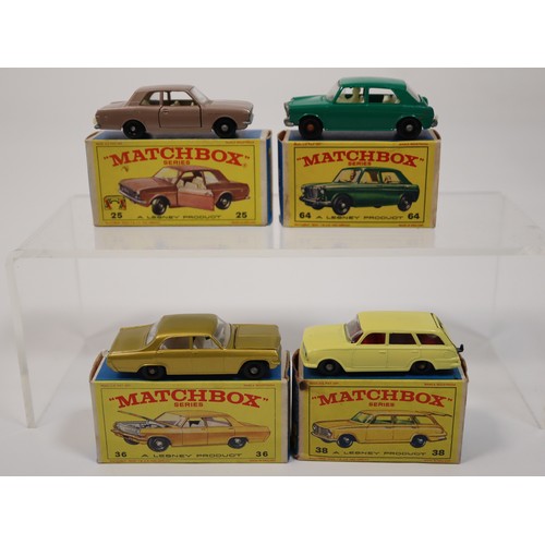 389 - Matchbox New 25 Ford Cortina, 38 Vauxhall Victor Estate Car, 36 Opel Diplomat (Met Gold) E4 Series B... 